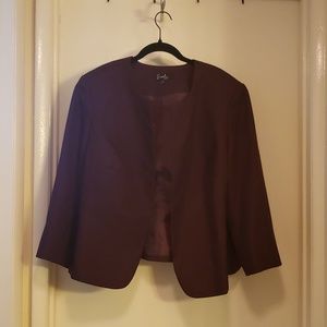 Eggplant colored women's business suit. Jacket and square neck dress set